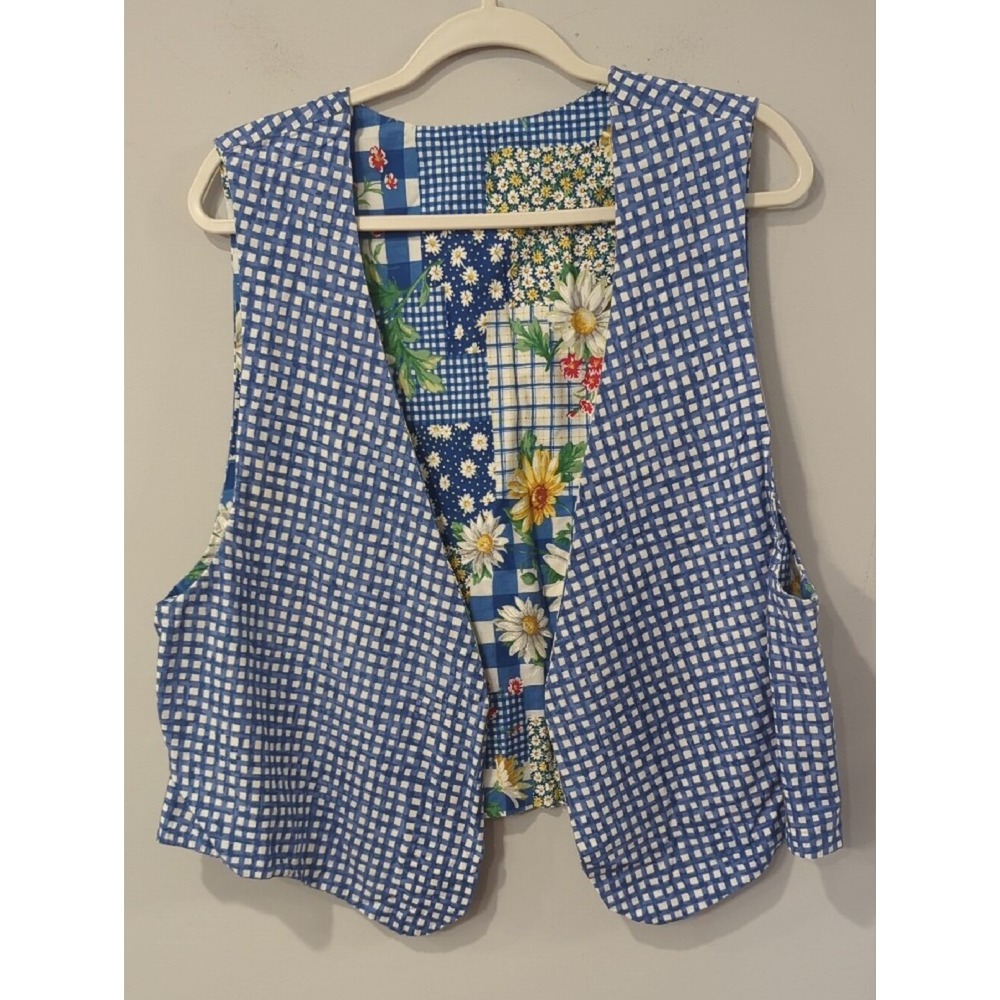 Patchwork Floral Vest Blue Gingham Daisies 23"‎ PTP Reversible Homemade image 6